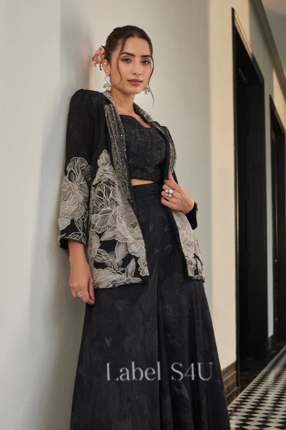 Noir Black Embroidered Jacket Lehenga Set |Label S4U