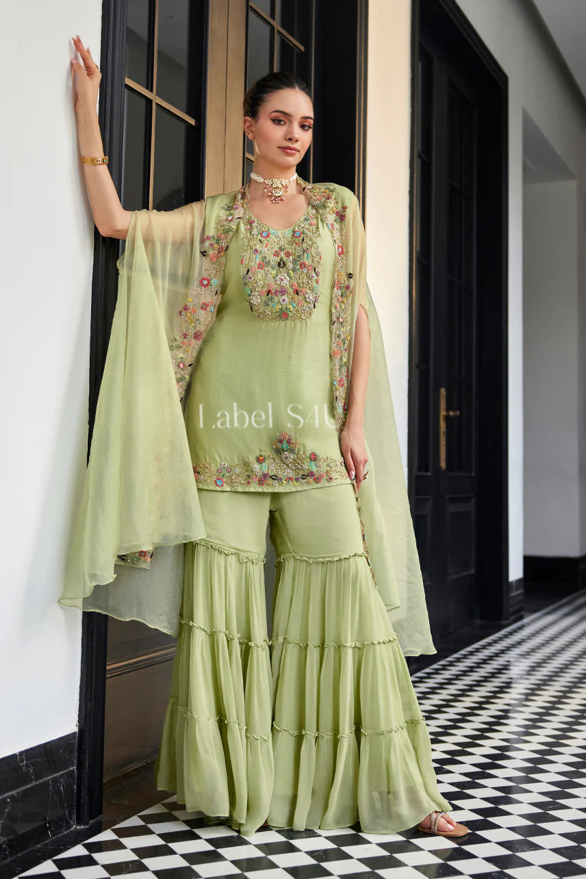 Pastel Pistachio Green Floral Embroidered Peplum Sharara Set with Cape |Label S4U