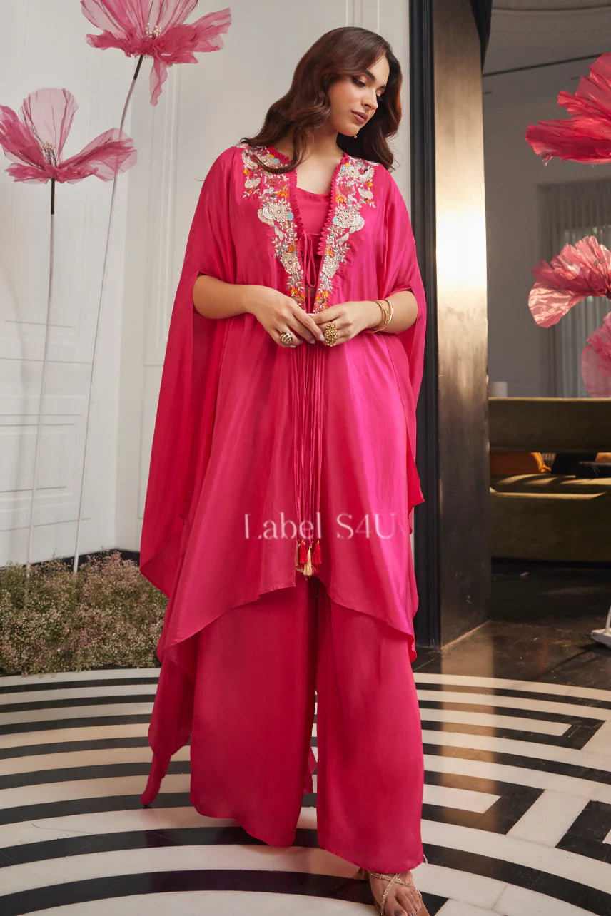 Vibrant Raspberry Pink Embroidered Kaftan Palazzo Set |Label S4U