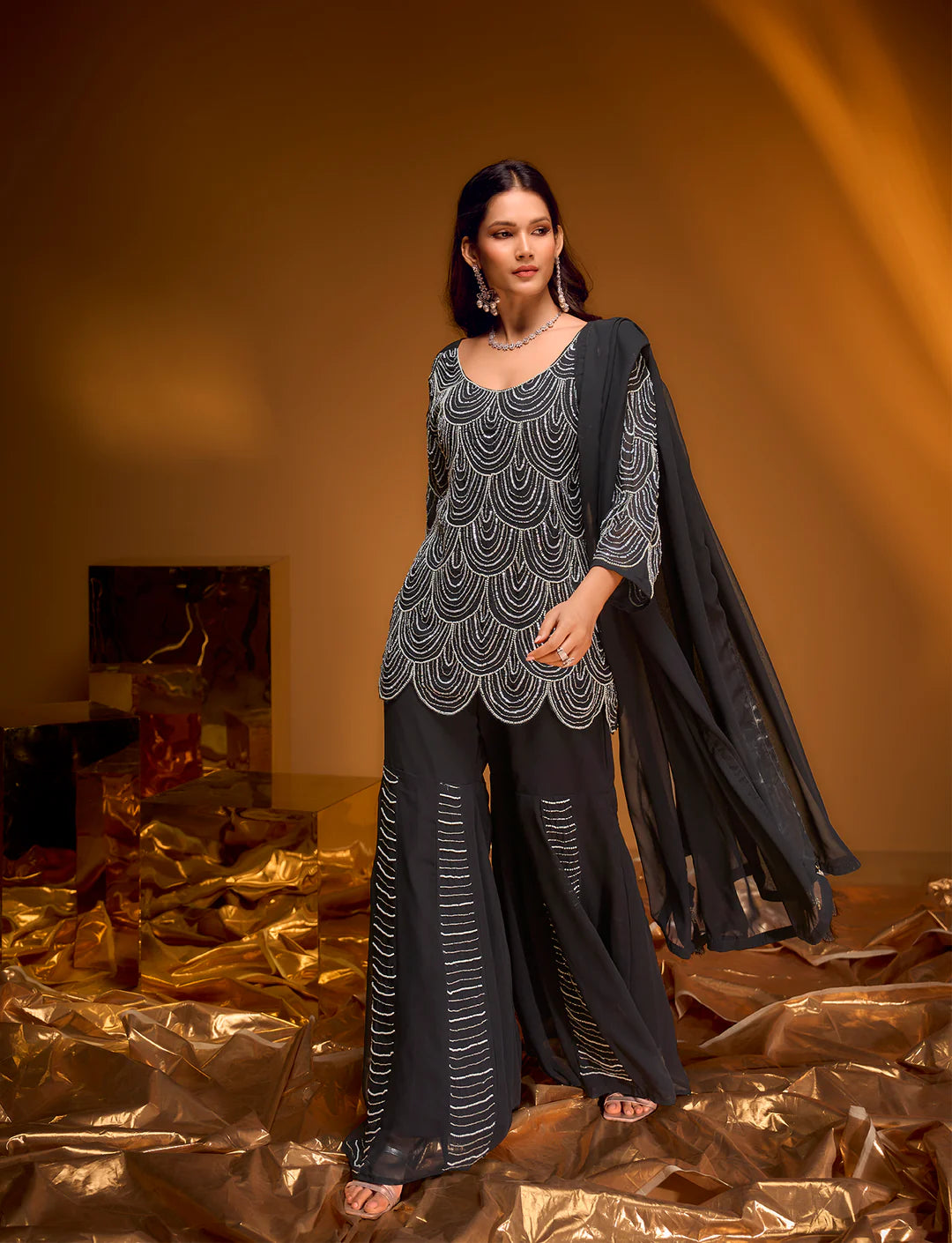Black Georgette Sharara Suit with Sequin Embroidery