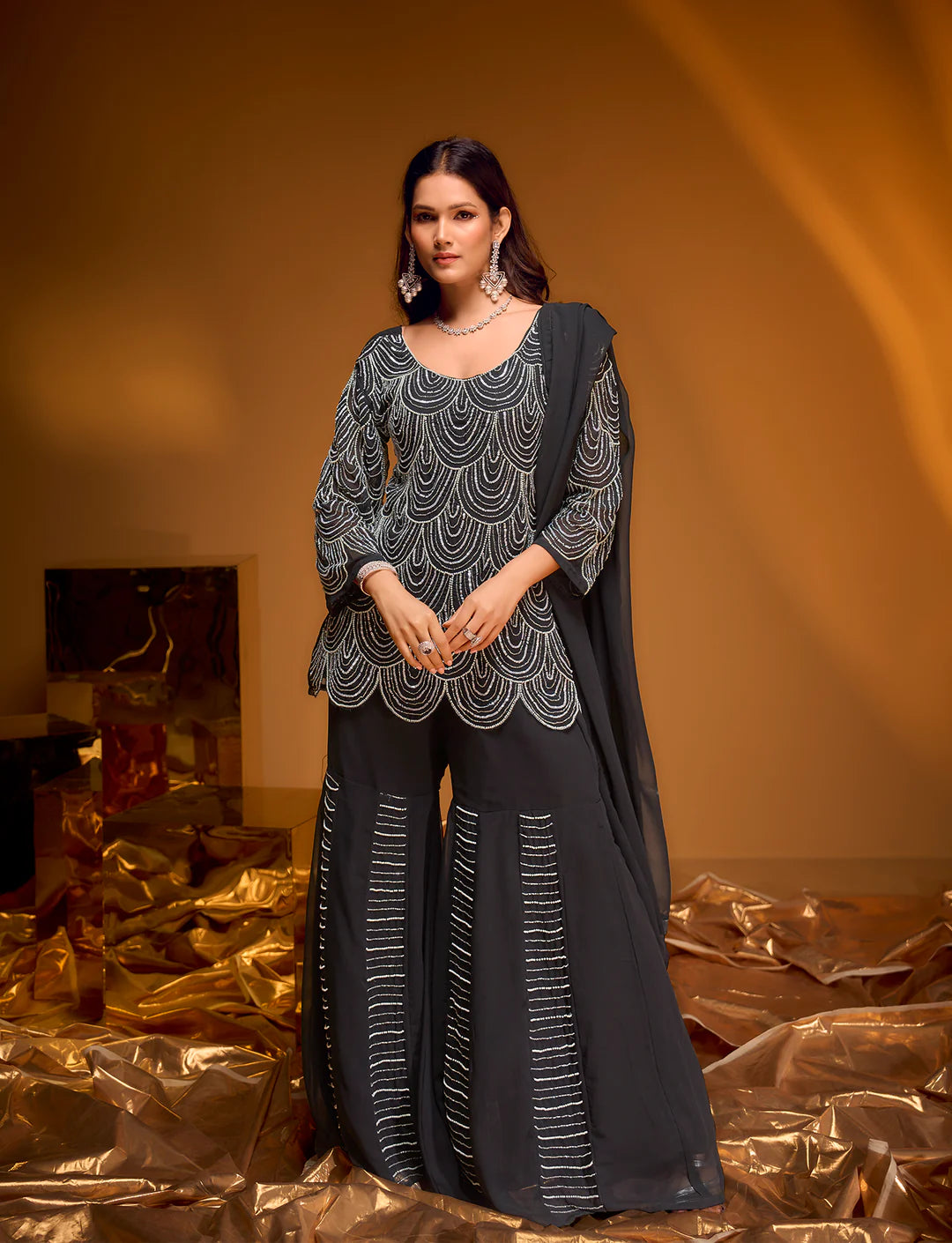 Black Georgette Sharara Suit with Sequin Embroidery