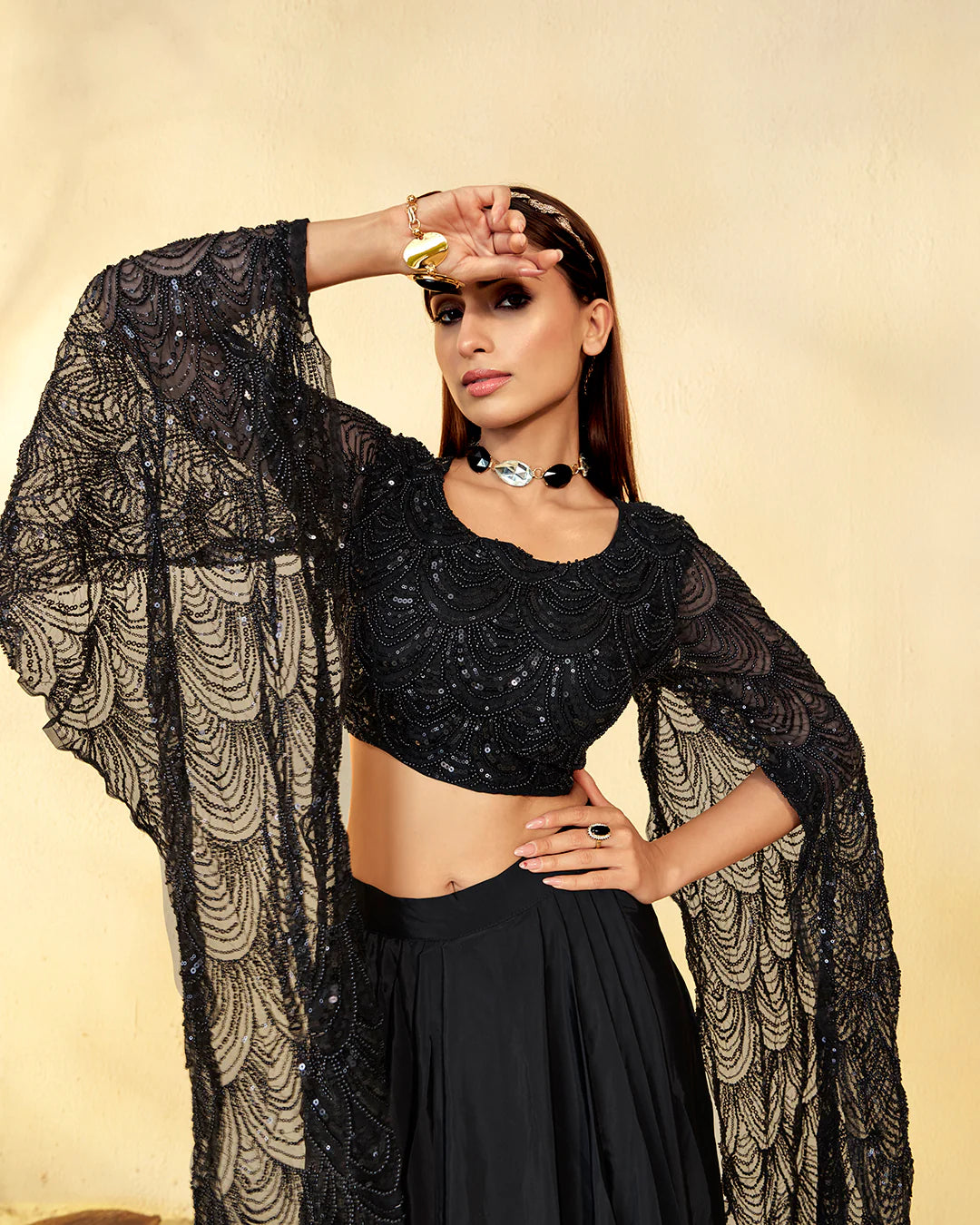 Black Crop Top skirt Set with Flared Sleeves