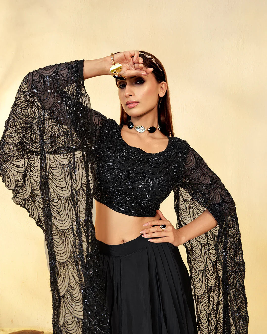 Black Crop Top skirt Set with Flared Sleeves - MishUUU