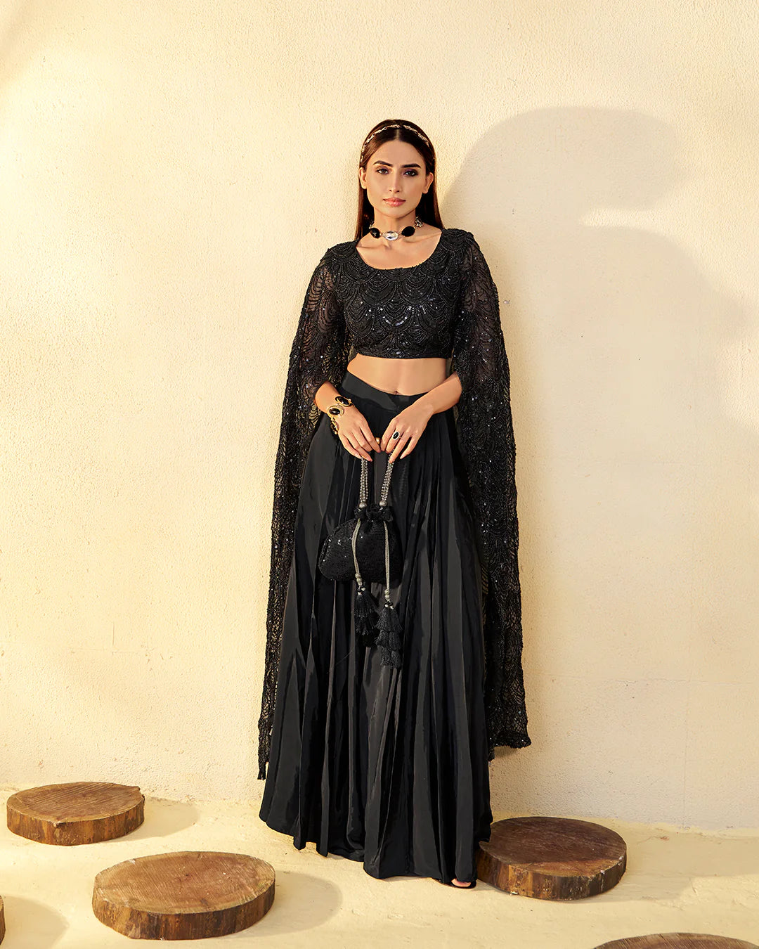 Black Crop Top skirt Set with Flared Sleeves