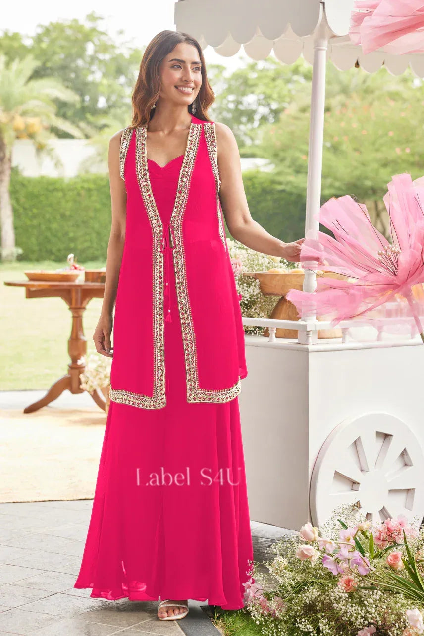 Rani Pink Georgette Sharara Set with Mirror-Embroidered Jacket |Label S4U - MishUUU