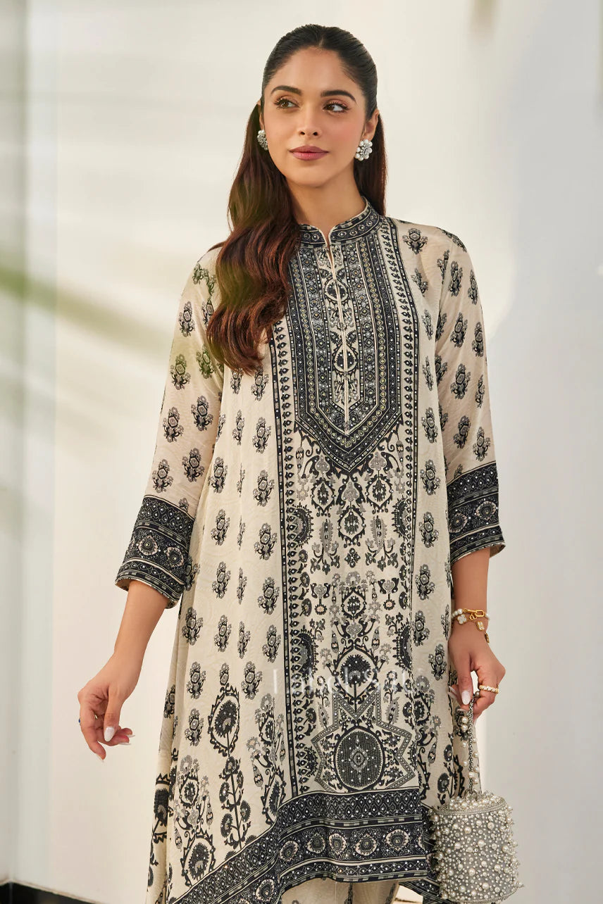 Monochrome Ecru & Black Printed Asymmetric Kurta Set |Label S4U