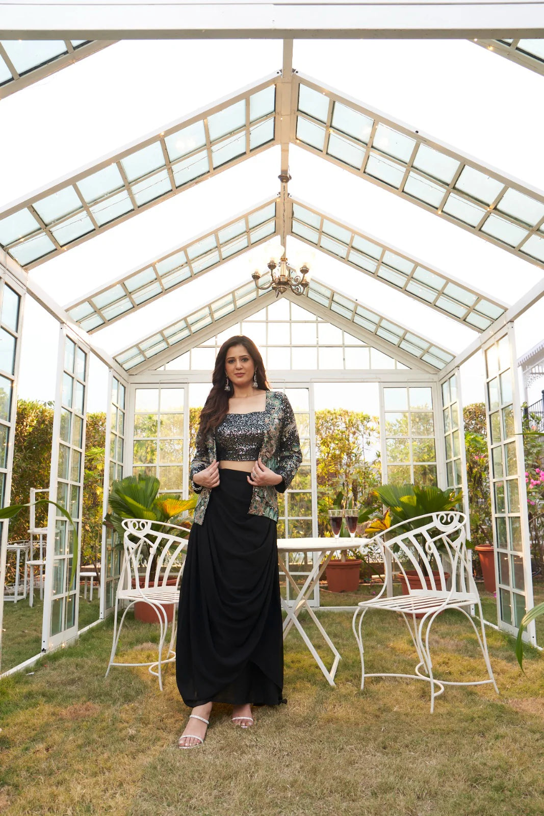 Black Sequin Embellished Co-Ord Set with Draped Skirt & Embroidered Jacket