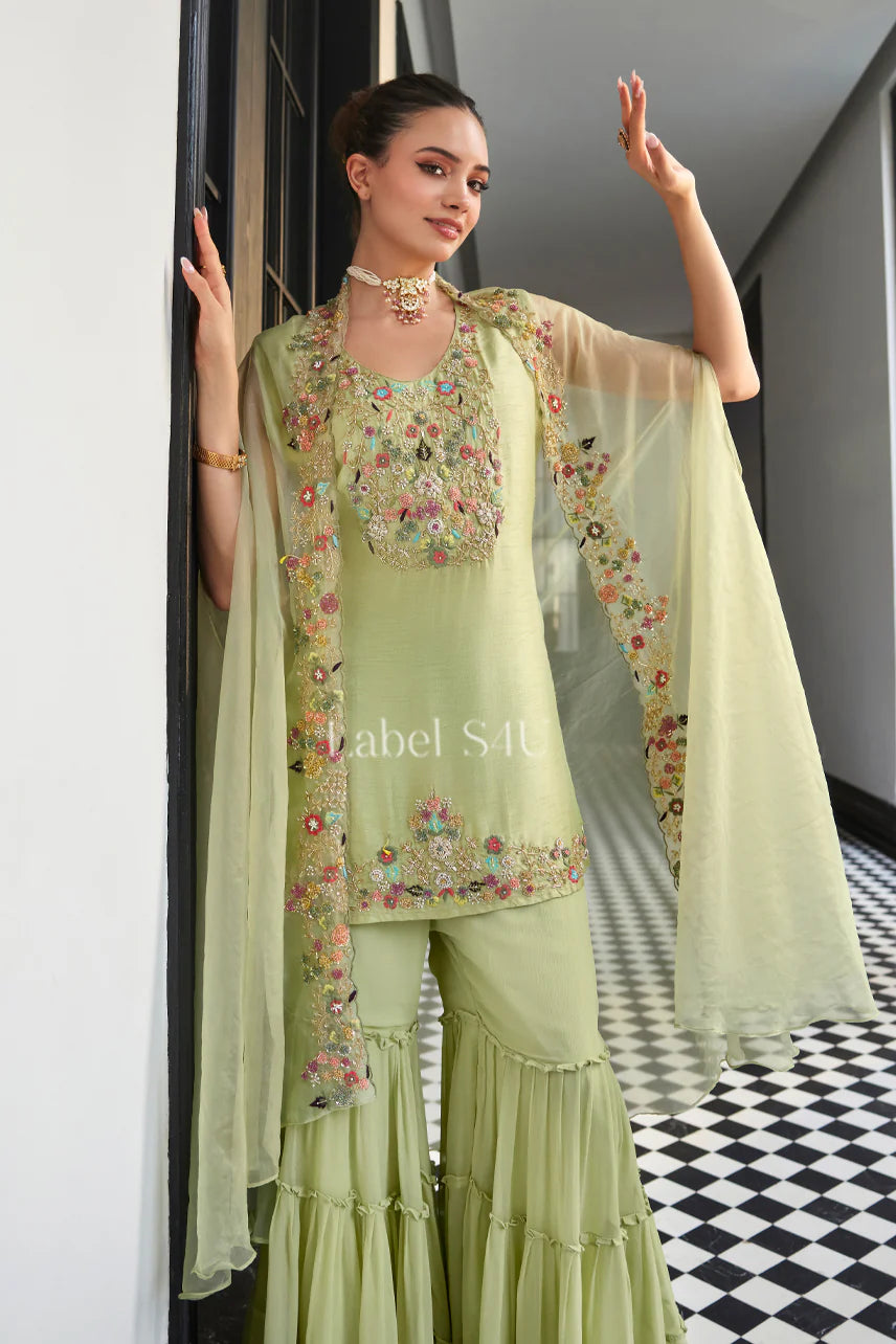 Pastel Pistachio Green Floral Embroidered Peplum Sharara Set with Cape |Label S4U
