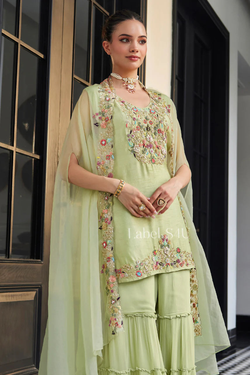 Pastel Pistachio Green Floral Embroidered Peplum Sharara Set with Cape |Label S4U