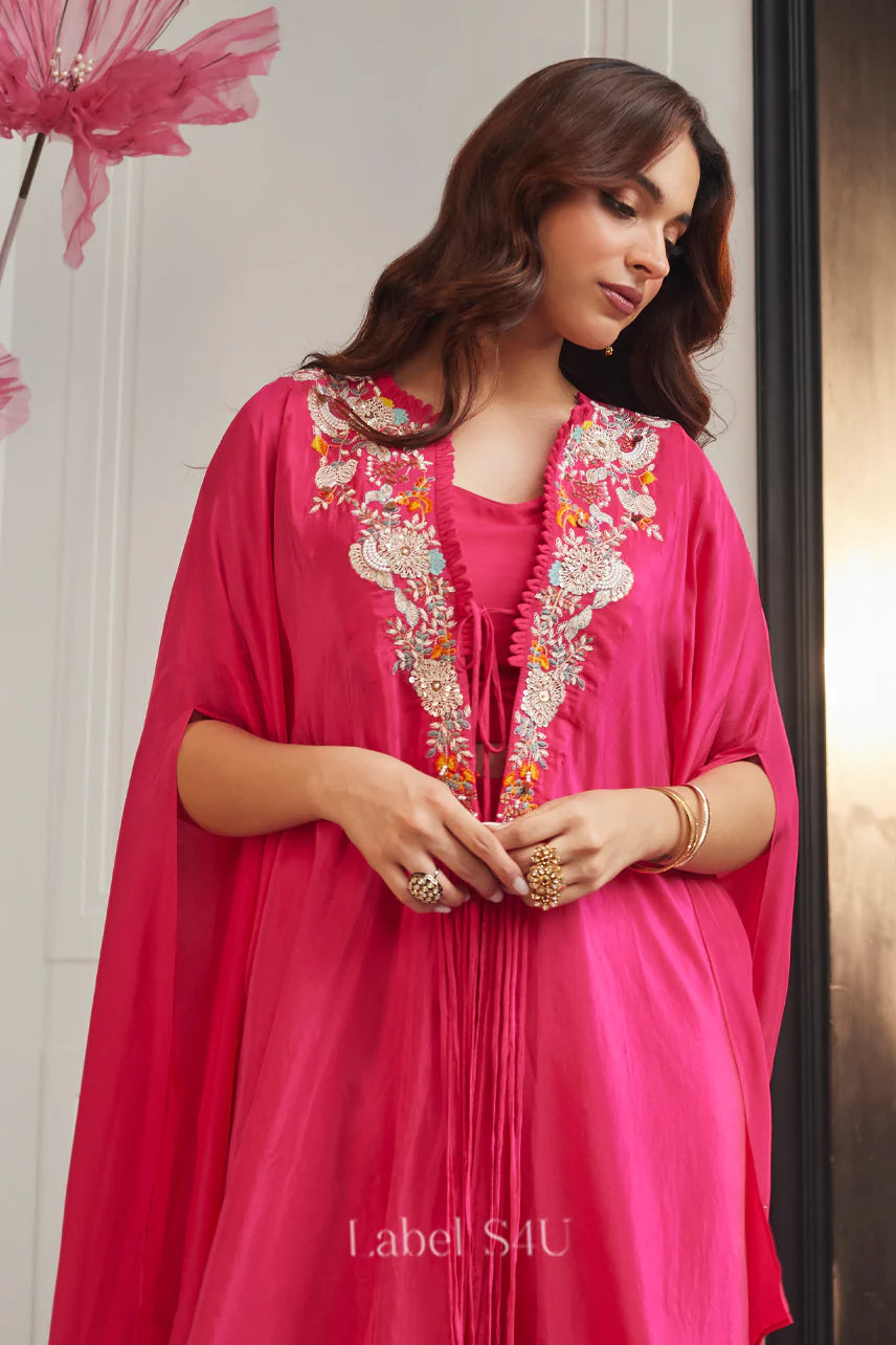 Vibrant Raspberry Pink Embroidered Kaftan Palazzo Set |Label S4U