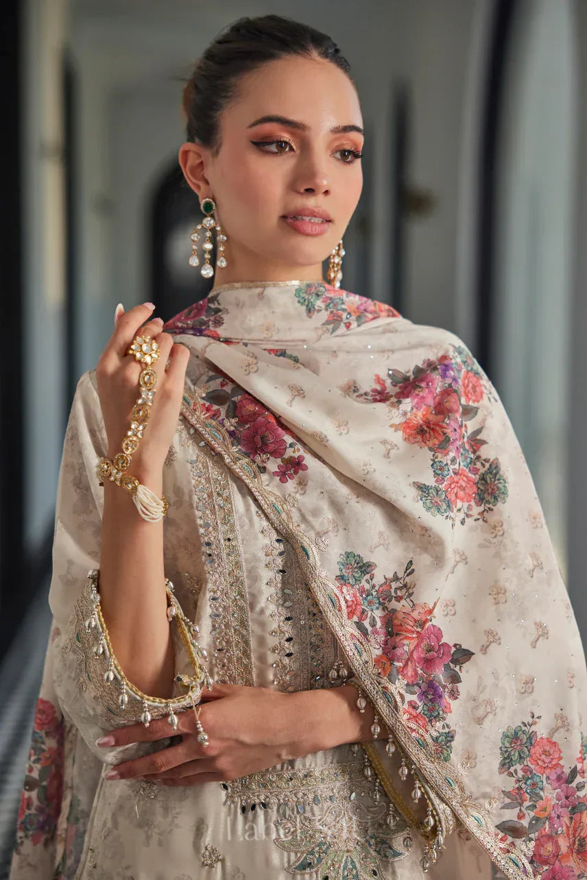 Ivory Floral Embroidered Straight Kurta Palazzo Dupatta Set |Label S4U - MishUUU