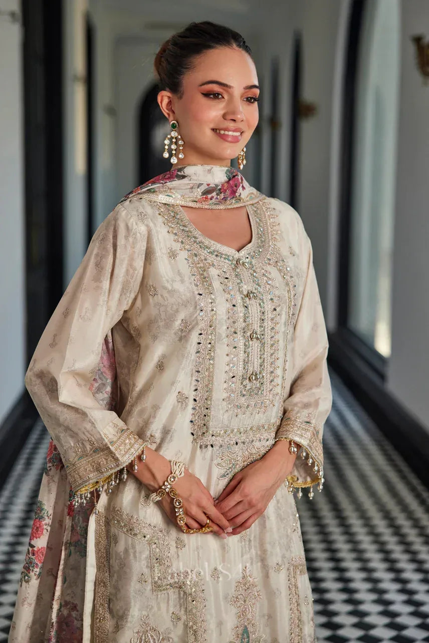 Ivory Floral Embroidered Straight Kurta Palazzo Dupatta Set |Label S4U - MishUUU
