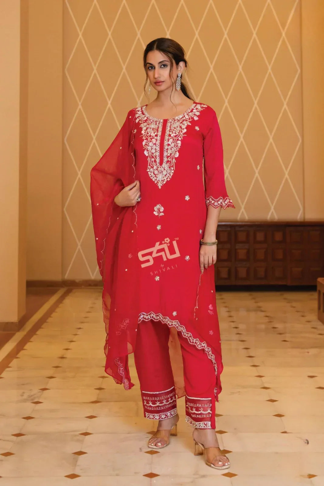 Crimson Red Embroidered Velvet 3-Piece Festive Ensemble |Label S4U - MishUUU