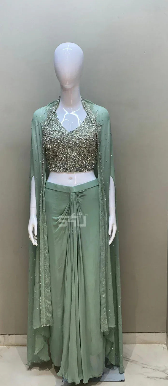 Mint Green Draped Pant Set with Embellished Bustier & Cape |Label S4U - MishUUU