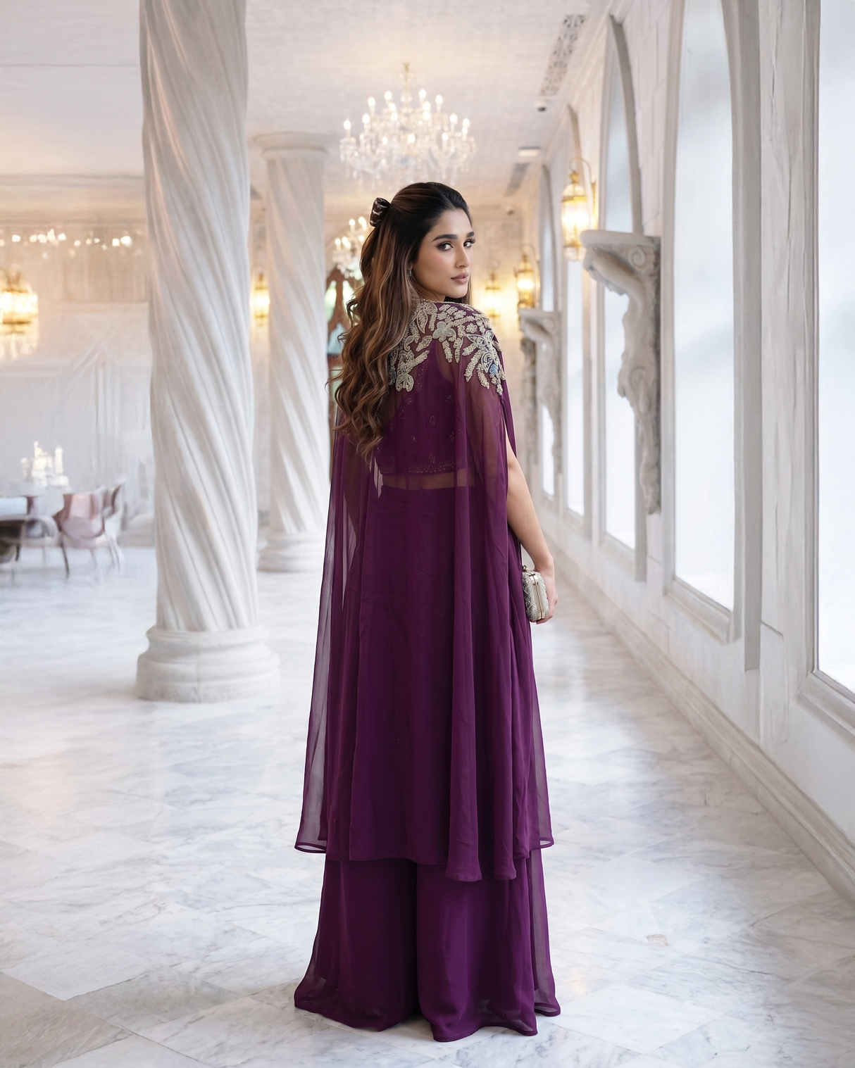 Plum Jewel Embroidered Cape Palazzo Set
