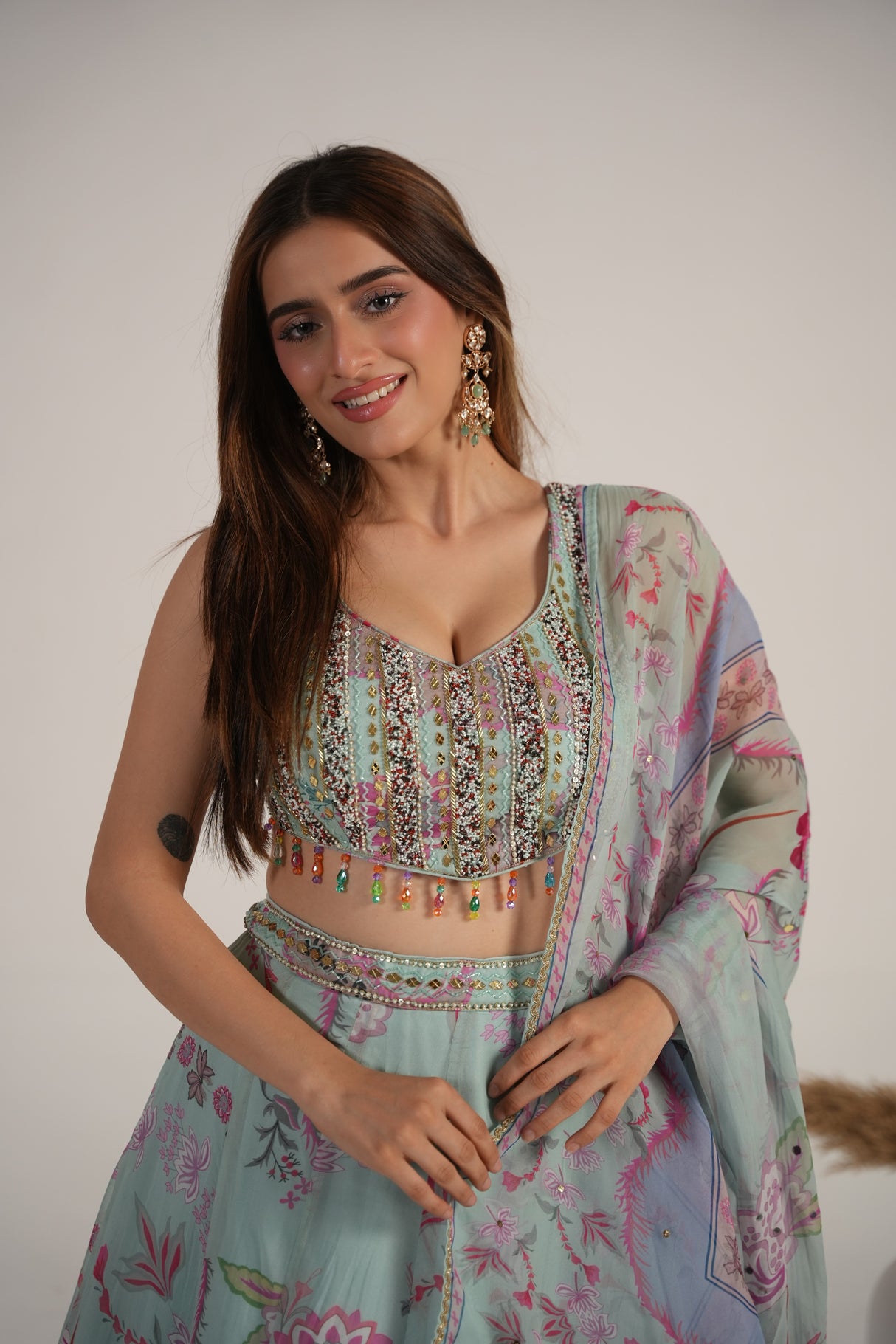 Mint Rose Floral Mirrorwork Lehenga Set