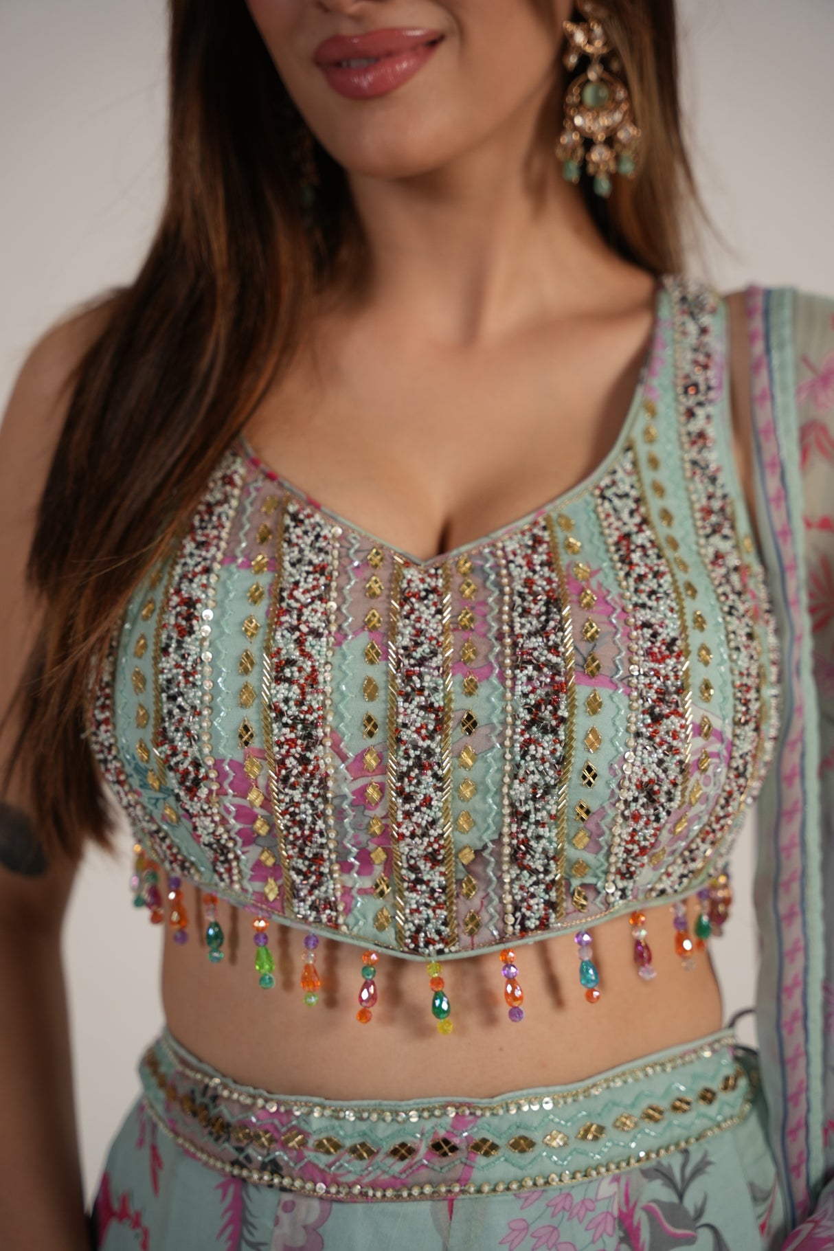 Mint Rose Floral Mirrorwork Lehenga Set