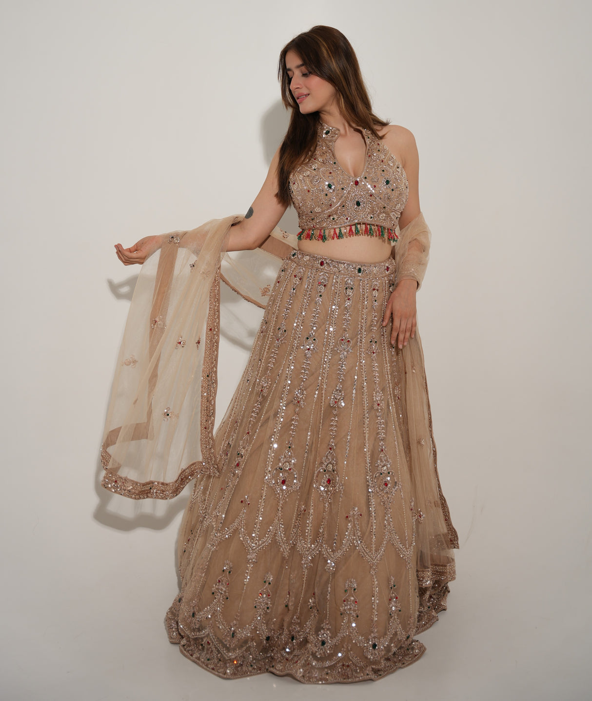 Champagne Gold Jewel Embroidered Lehenga Couture Ensemble