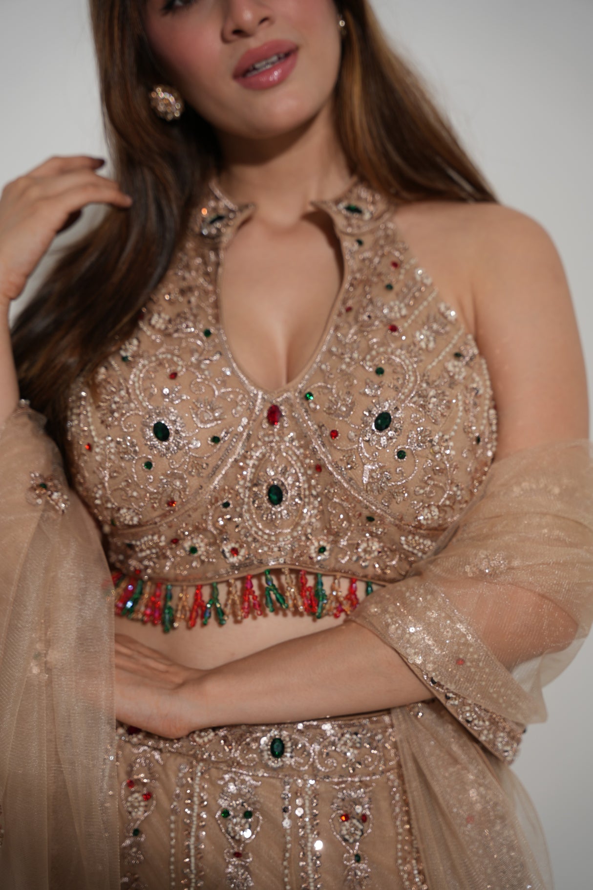 Champagne Gold Jewel Embroidered Lehenga Couture Ensemble