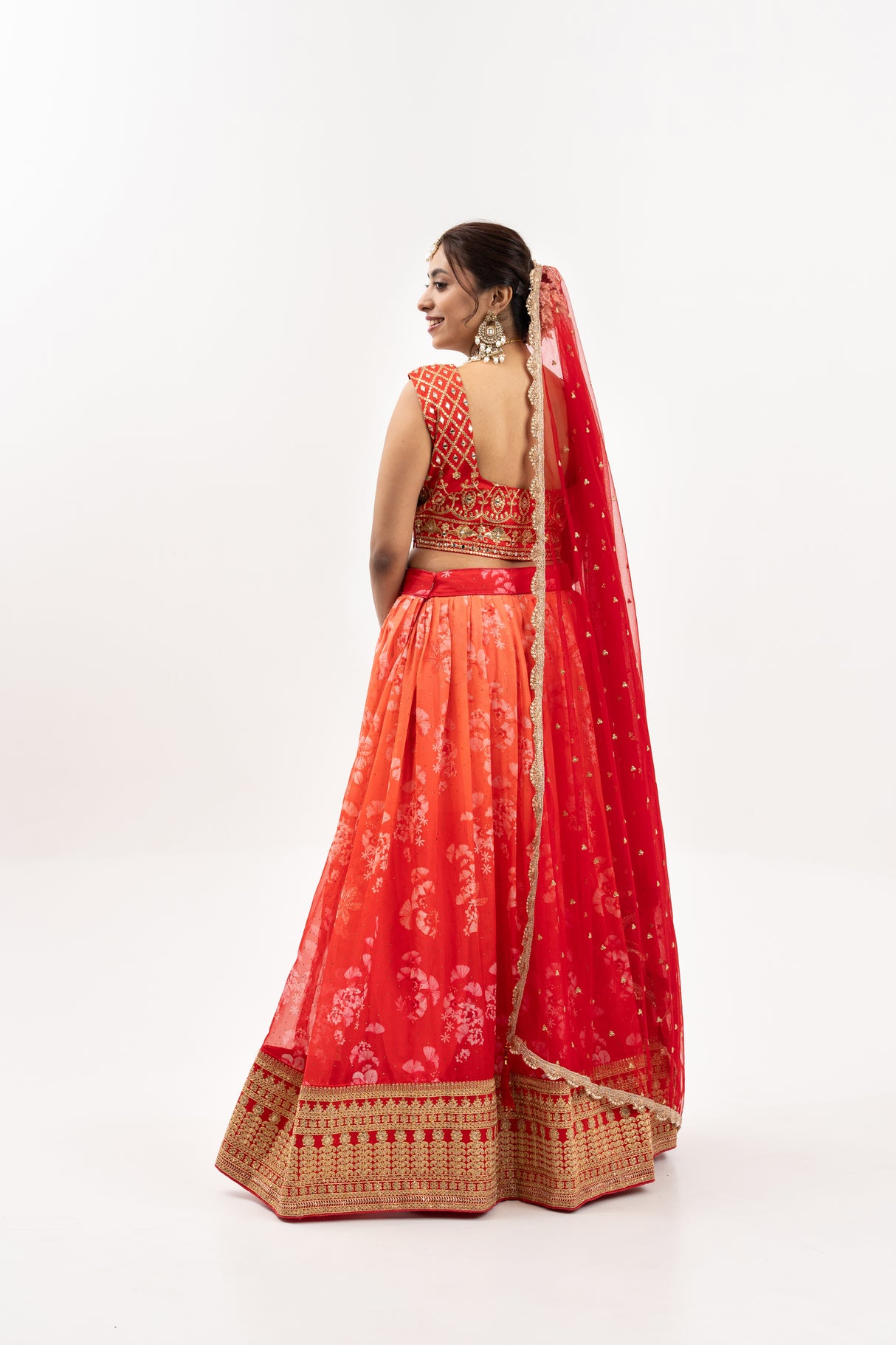 Women's Fiery Red and Orange Embroidered Lehenga
