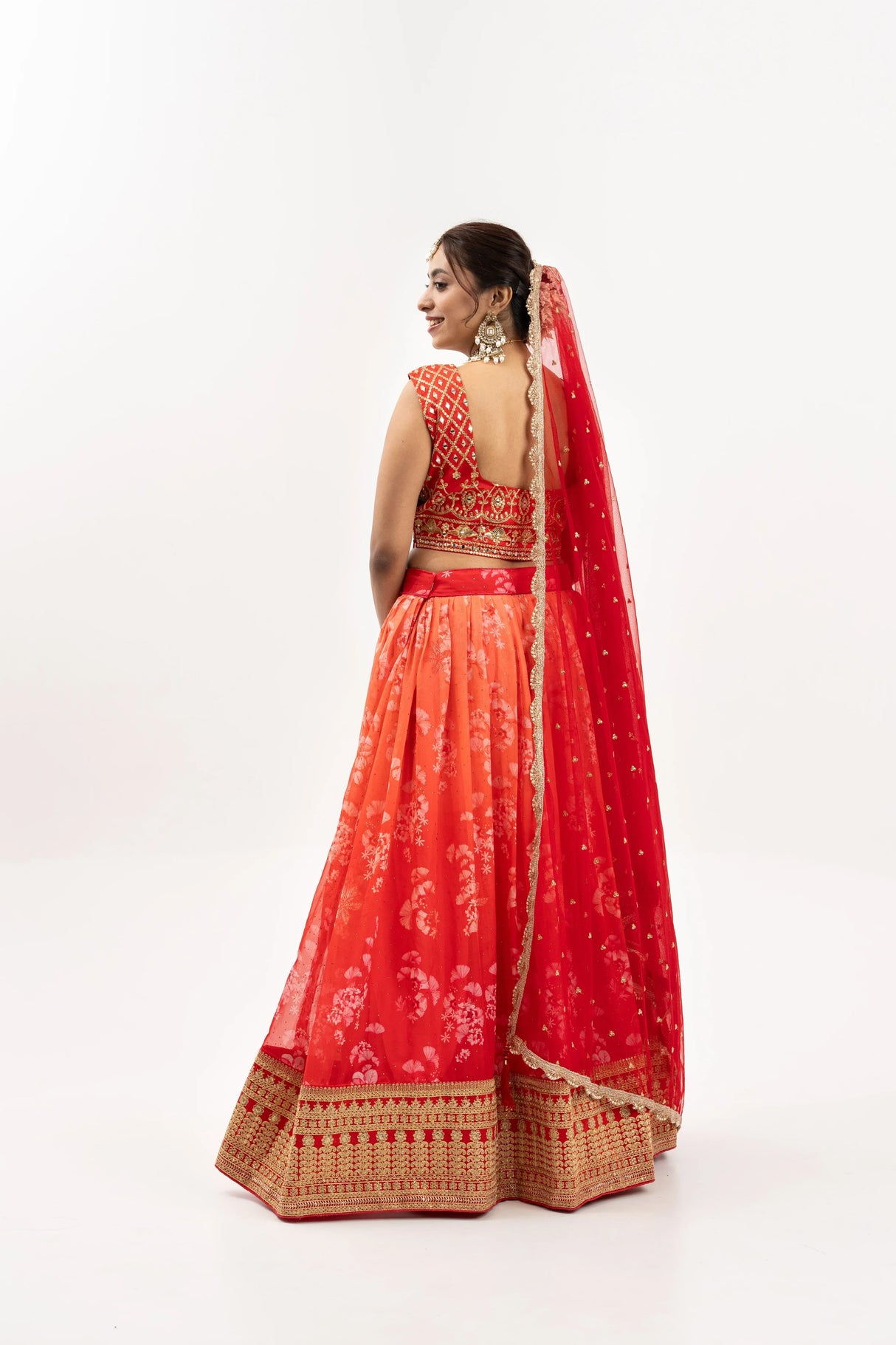 Women's Fiery Red and Orange Embroidered Lehenga - MishUUU