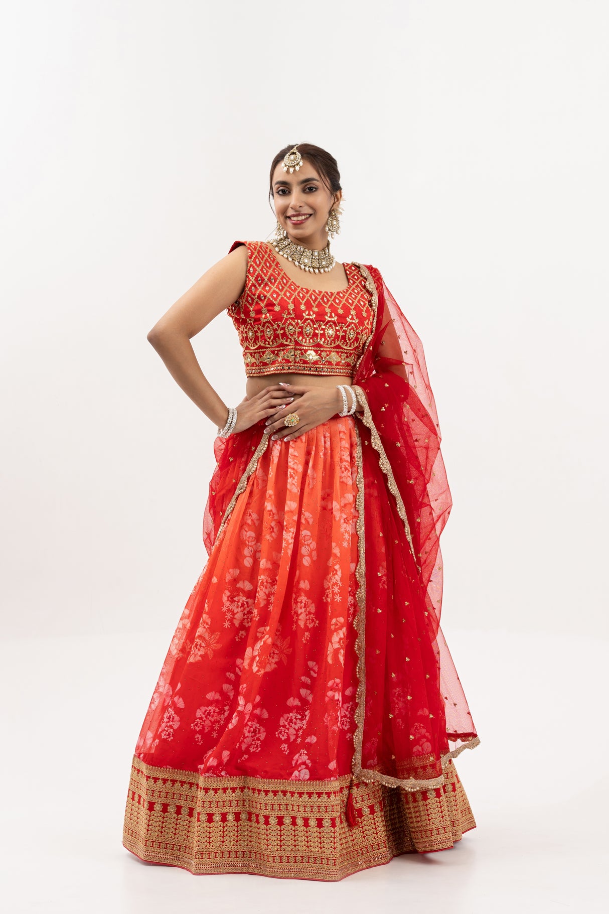Women's Fiery Red and Orange Embroidered Lehenga