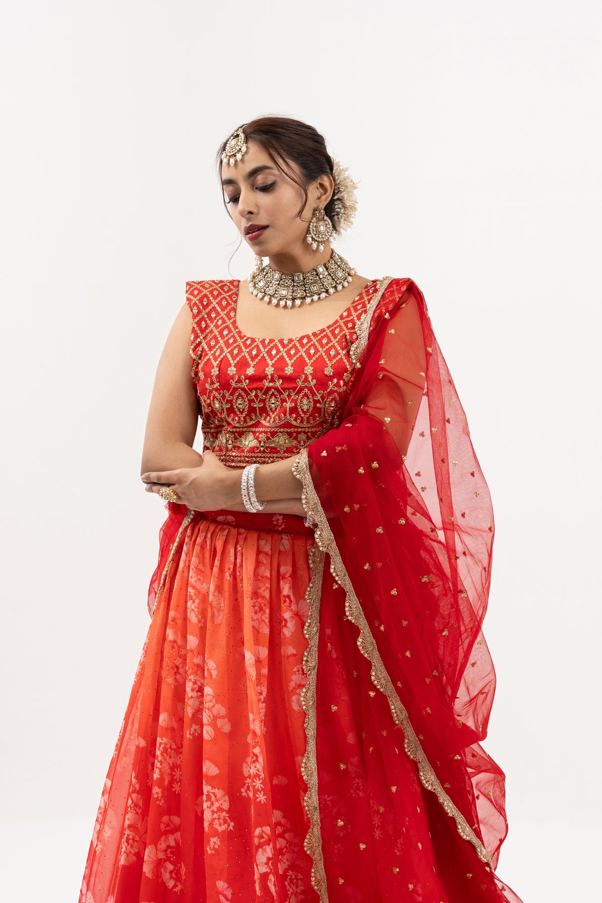 Women's Fiery Red and Orange Embroidered Lehenga