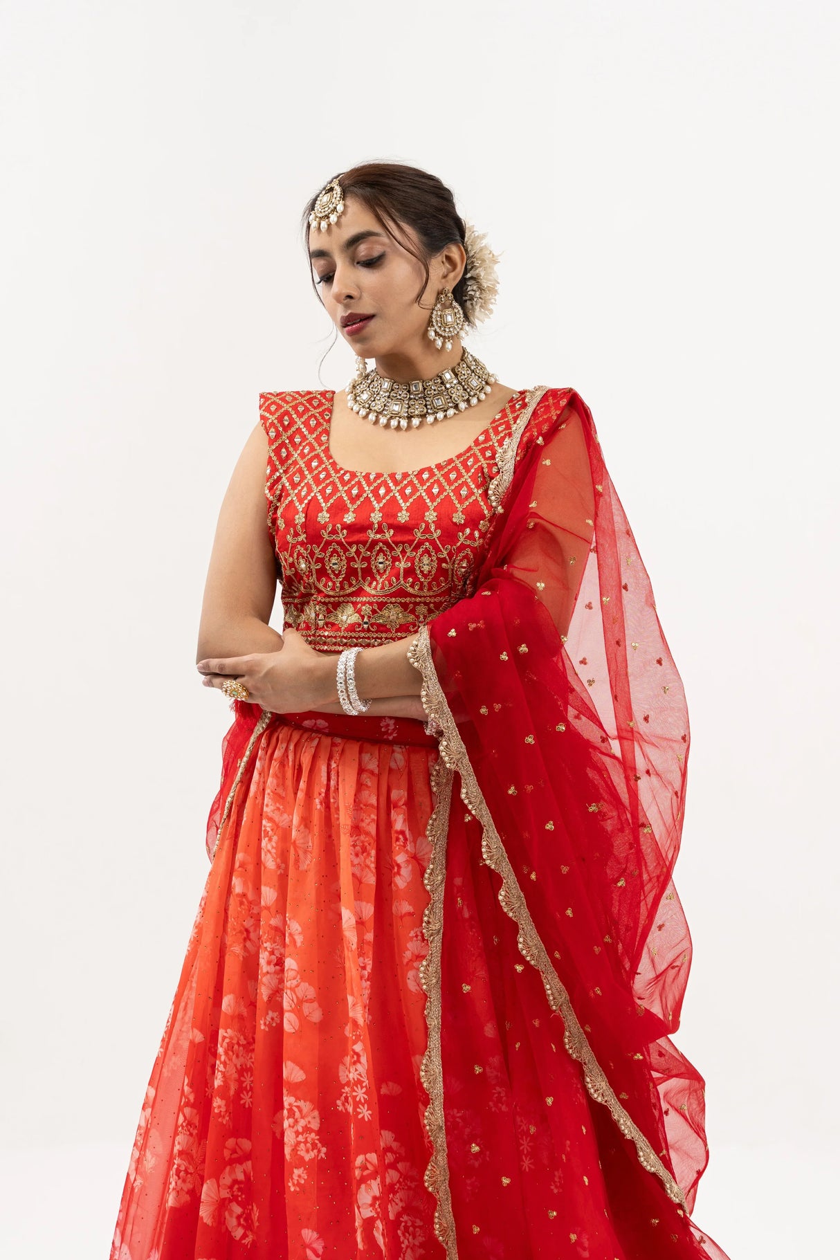 Women's Fiery Red and Orange Embroidered Lehenga - MishUUU