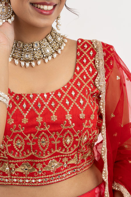 Women's Fiery Red and Orange Embroidered Lehenga