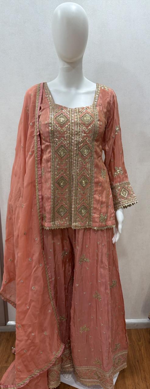 Peach Gold Embroidered Luxe Sharara Set