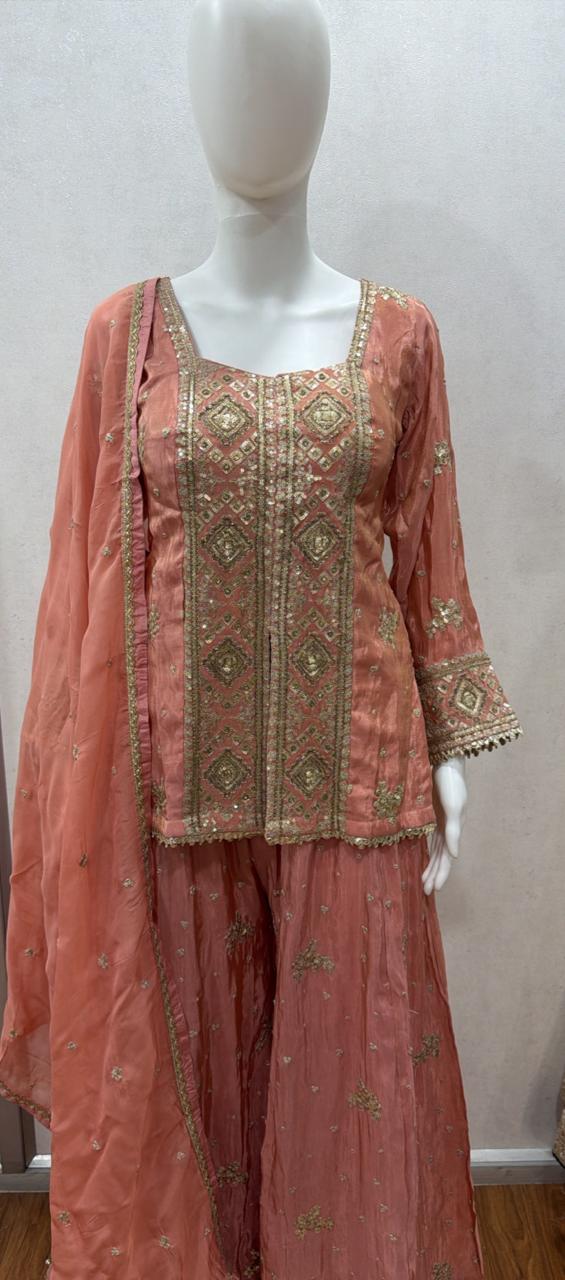 Peach Gold Embroidered Luxe Sharara Set