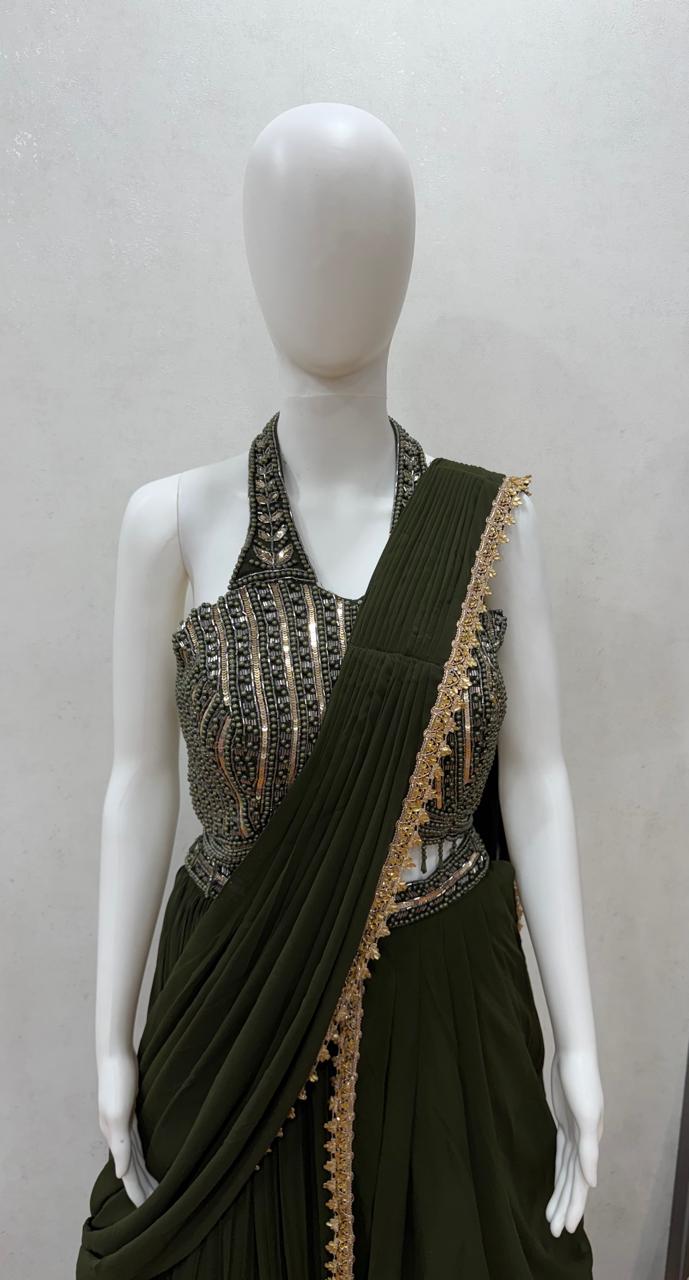 Emerald Drape Pleated Gown Ensemble