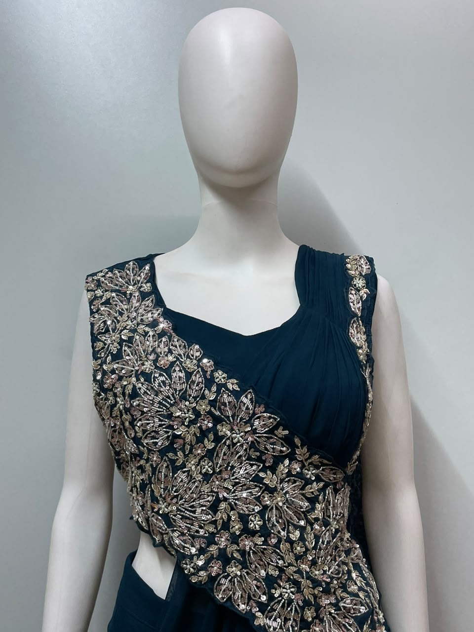 Midnight Teal Hand-Crafted Draped Saree Set - additional view