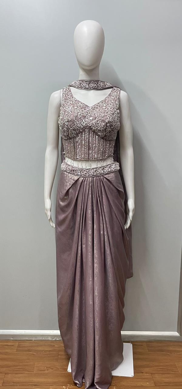 Mauve Silver Draped Saree Set
