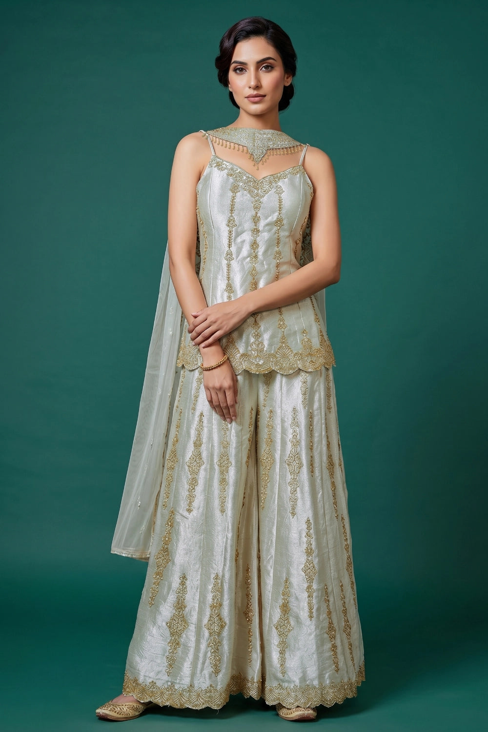 Pistachio Gold Embroidered Sharara Couture Ensemble