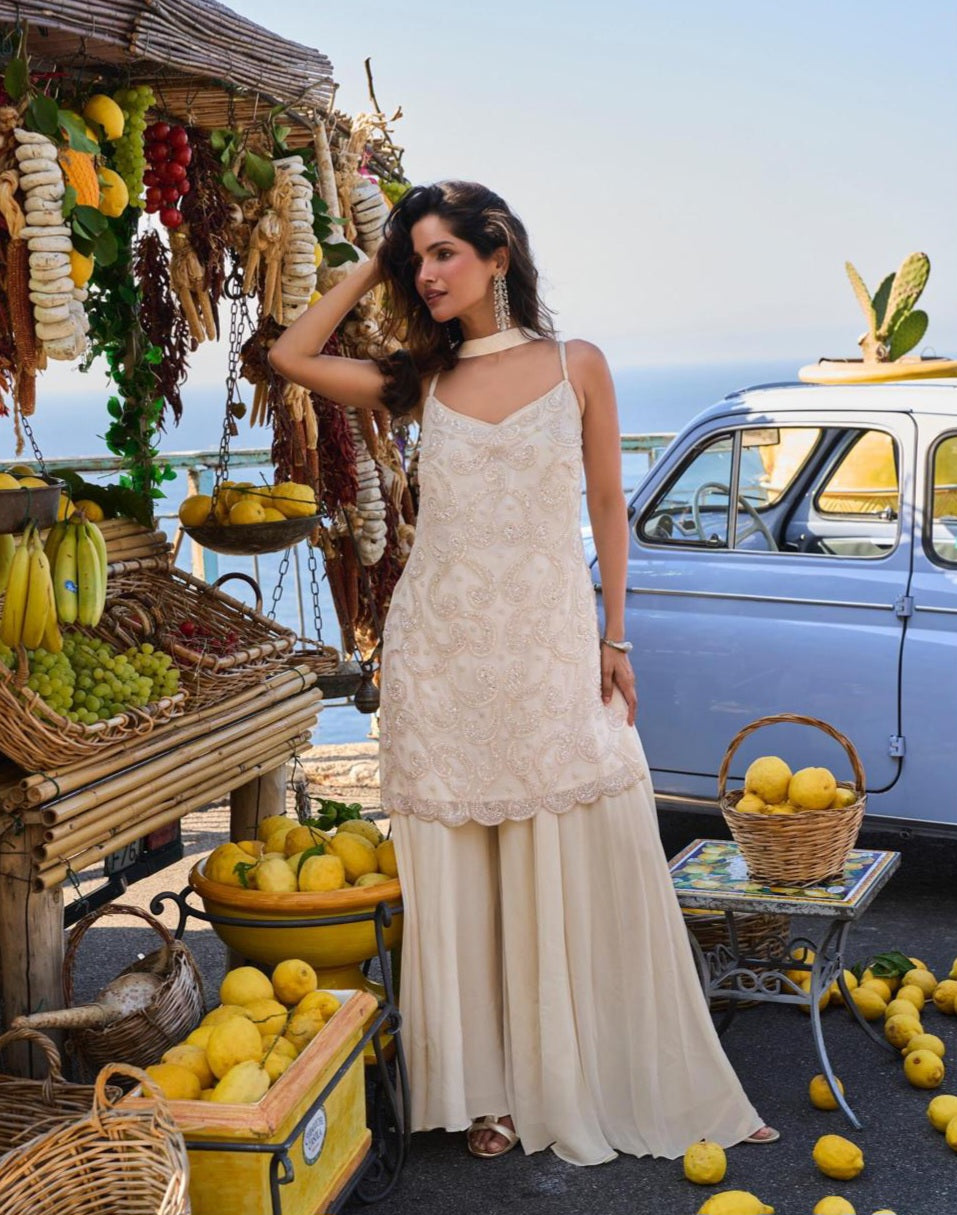 Ivory Pearl Embroidered Palazzo Set