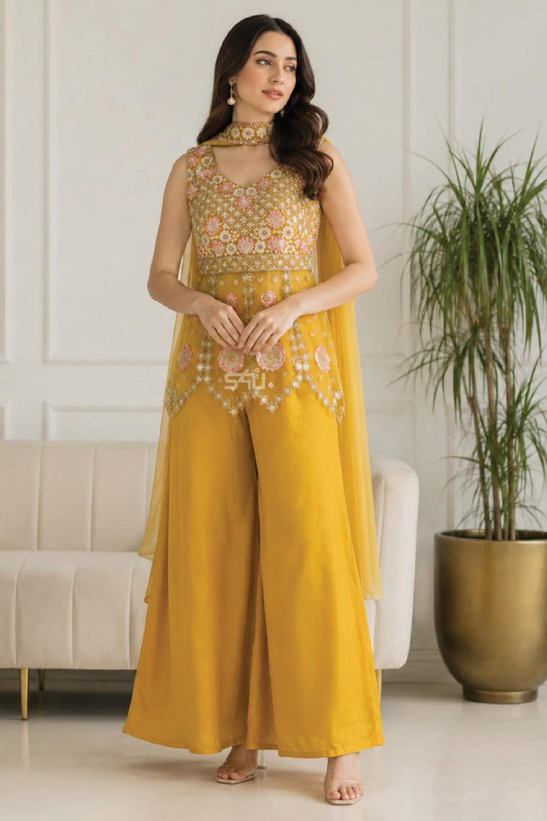 Mustard Floral Cape Palazzo Set