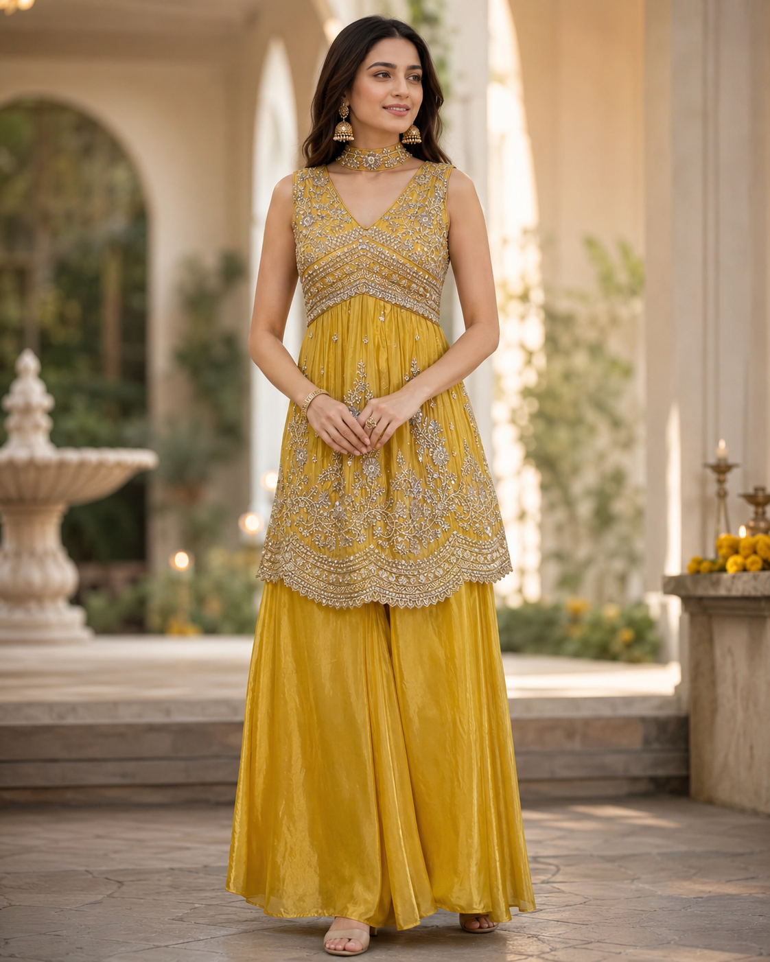 Mustard Zari Embroidered Palazzo Set