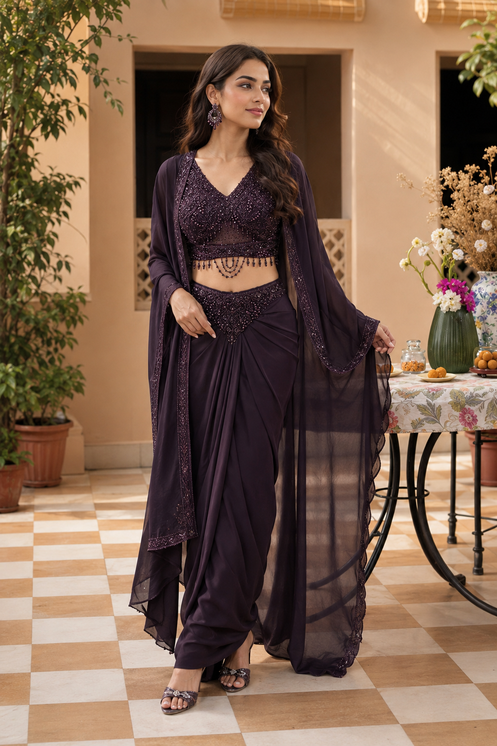 Midnight Plum Crystal Draped Saree Cape Set