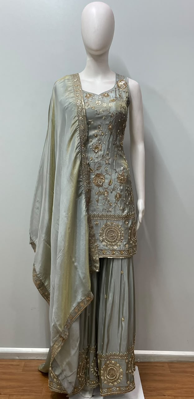 Silver Sage Gold Embroidered Sharara Couture Ensemble