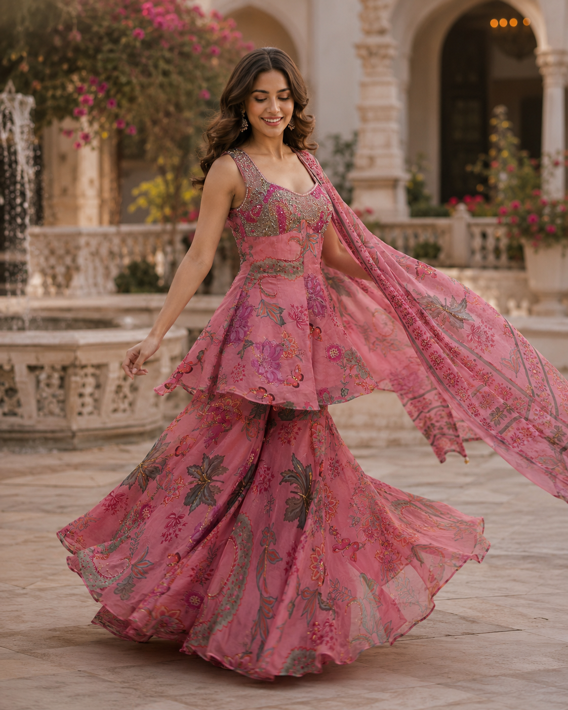 Rose Pink Floral Lehenga Couture Ensemble