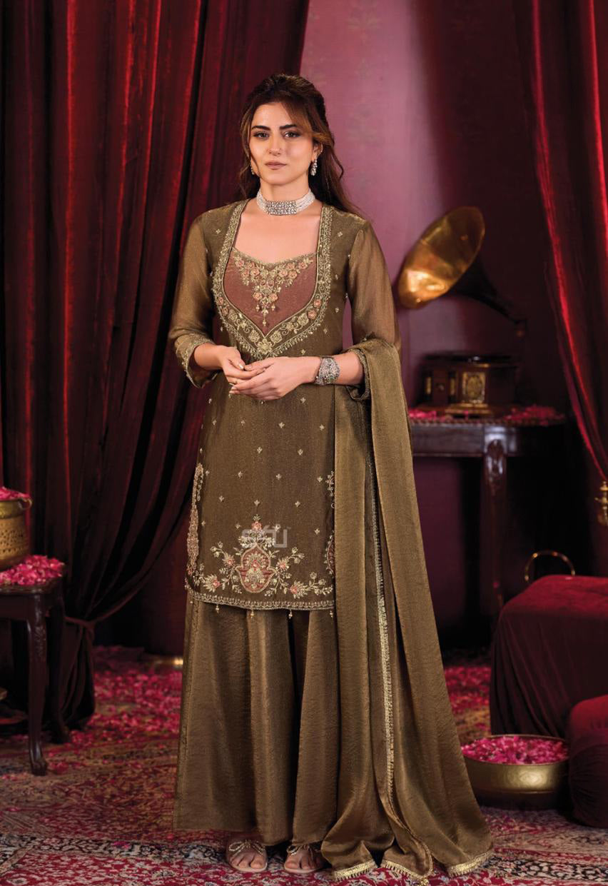 Olive Bronze Embroidered Palazzo Set