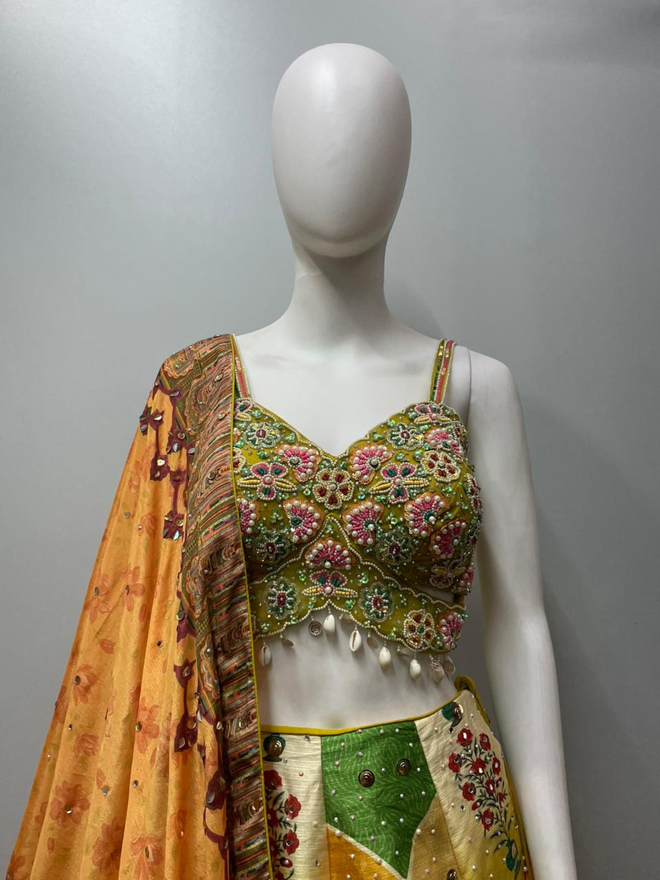 Mustard Green Printed Lehenga Set