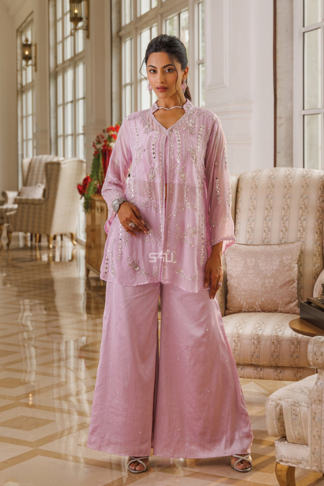 Powder Pink Embroidered Palazzo Set