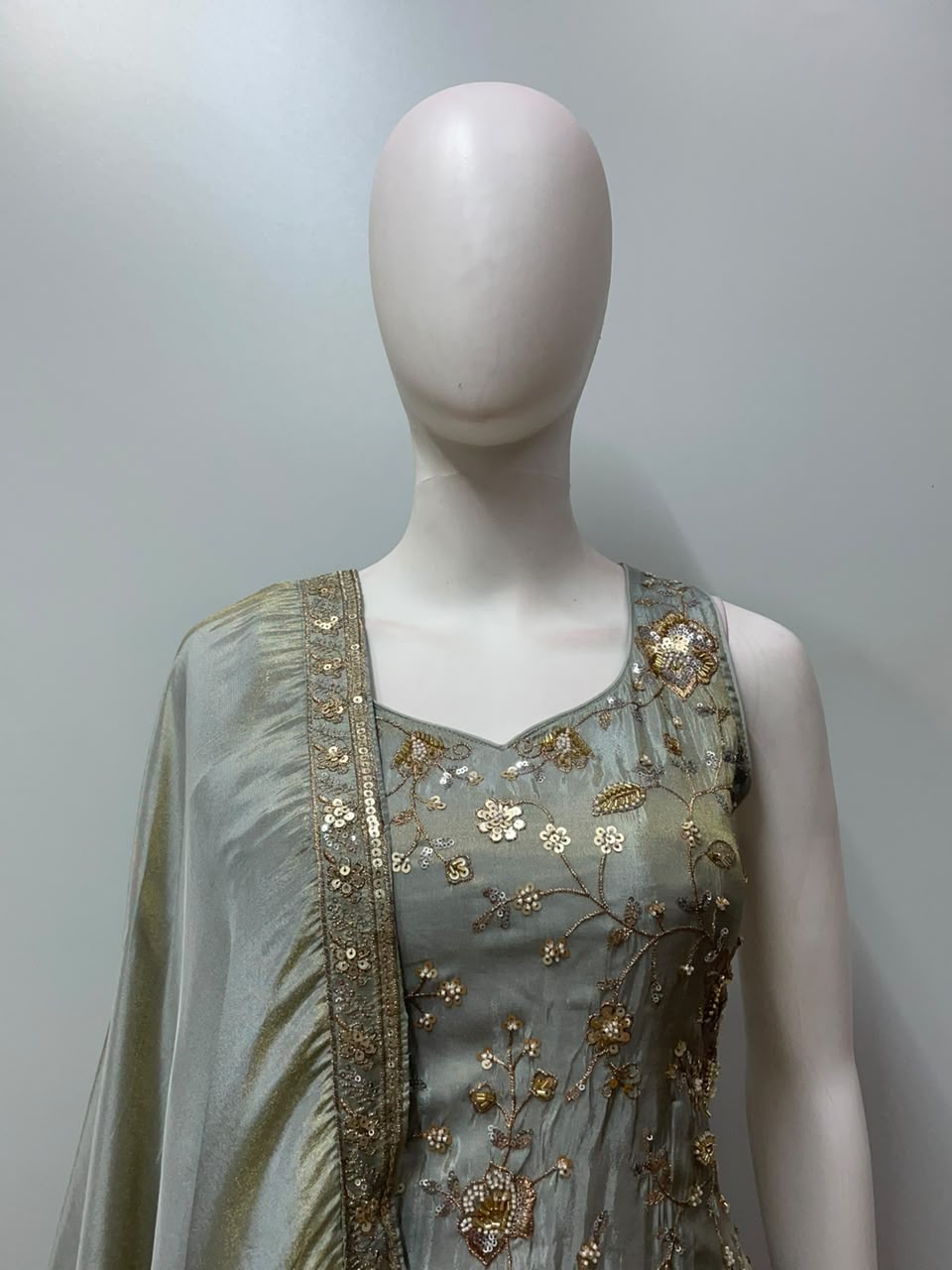 Silver Sage Gold Embroidered Sharara Couture Ensemble
