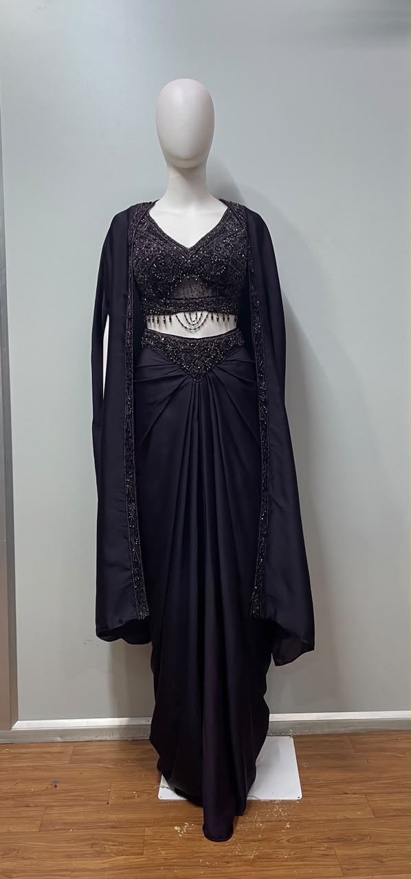 Midnight Plum Crystal Draped Saree Cape Set