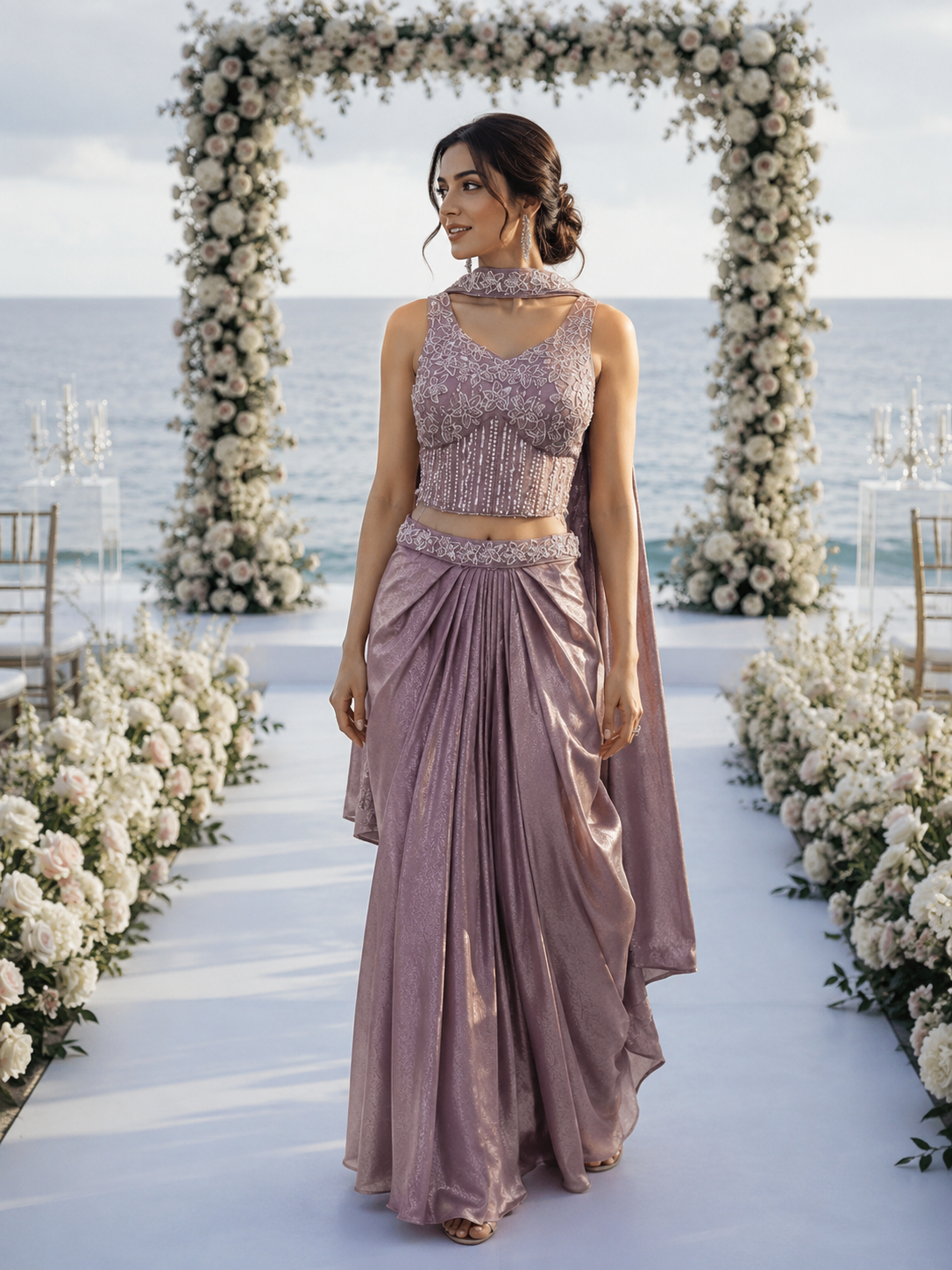 Mauve Silver Draped Saree Set