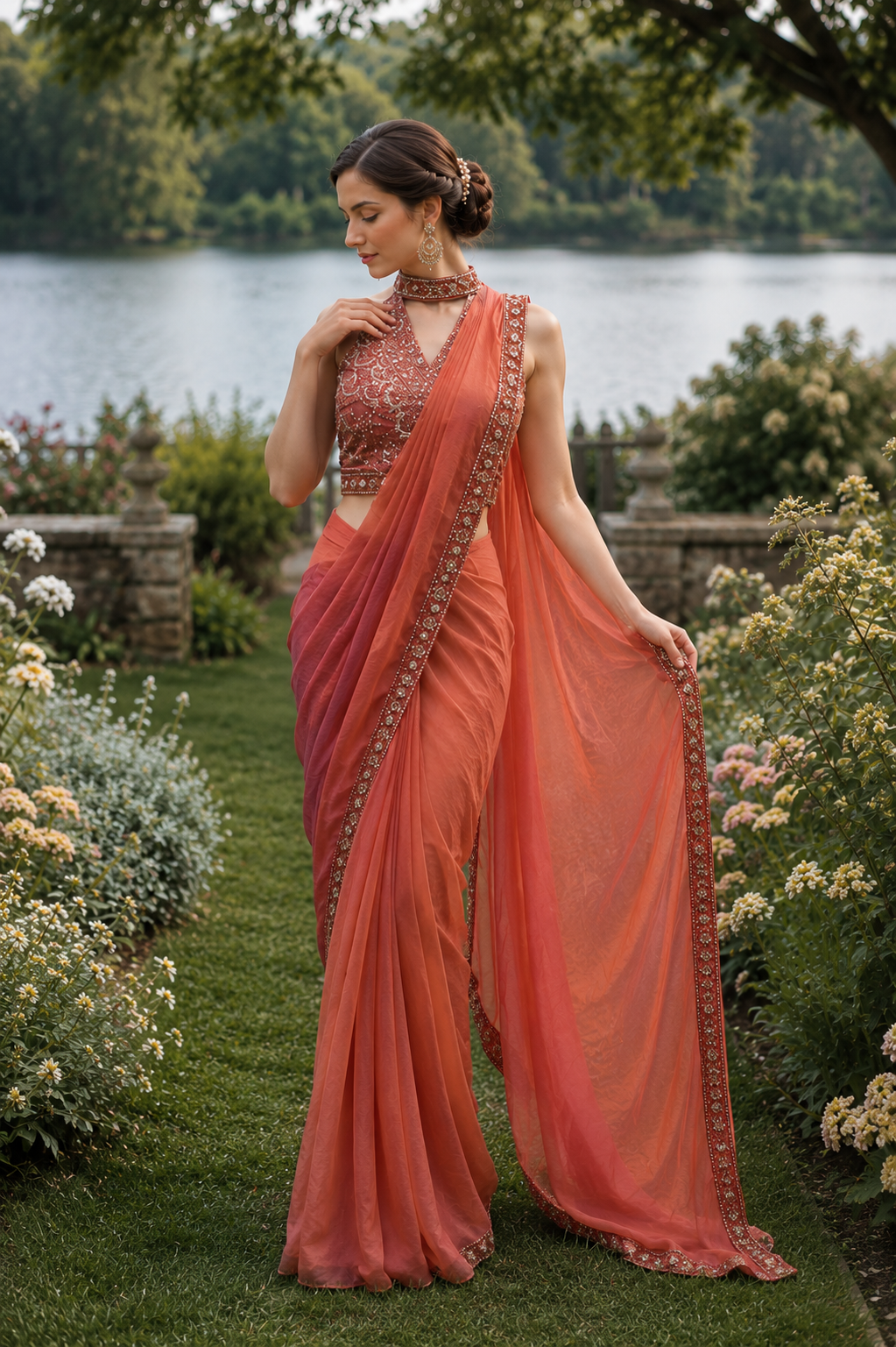 Coral Mirror Draped Saree Set