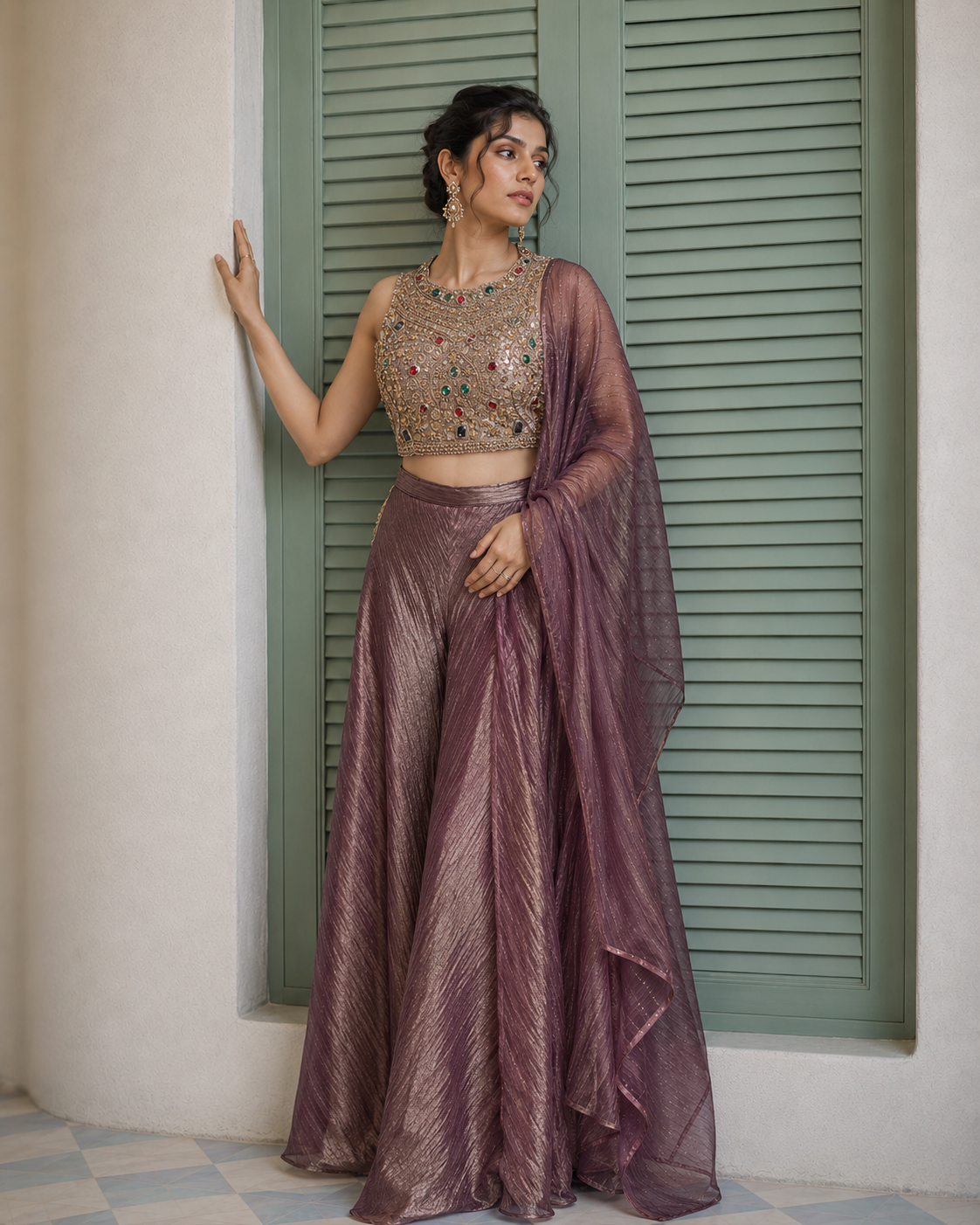Mauve Gold Jewel Embroidered Palazzo Drape Set