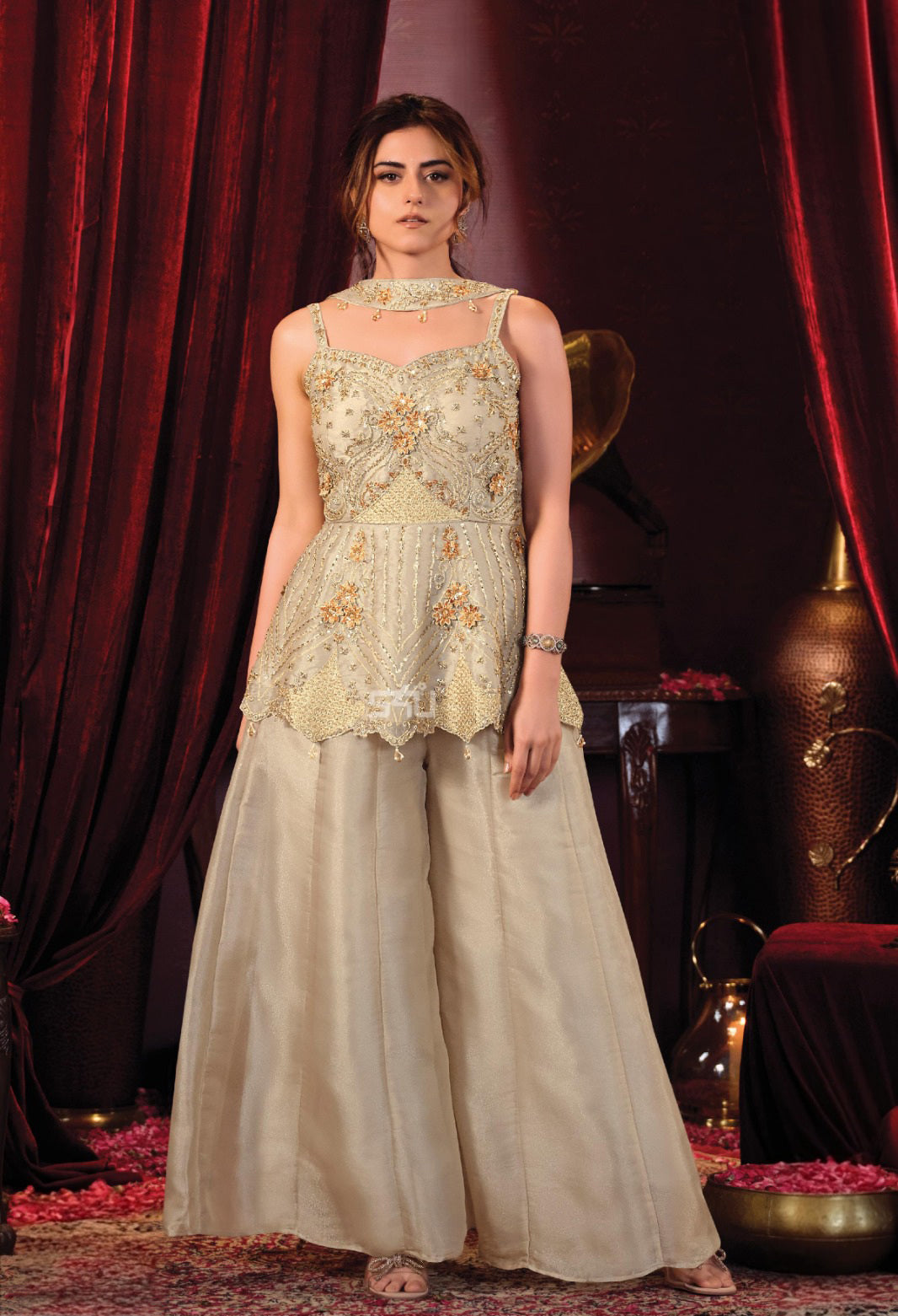 Champagne Gold Embroidered Palazzo Set